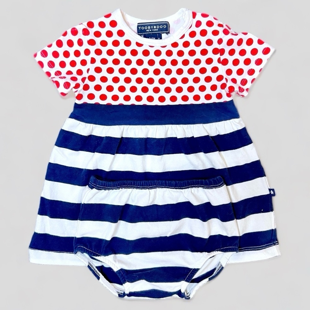 Toobydoo New York Red Polka Dot and Blue Striped Baby Dress Set, 3-6 Mo., EUC